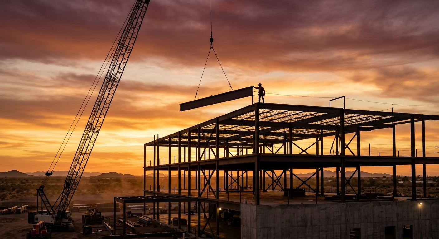 Steel frame going up at dusk