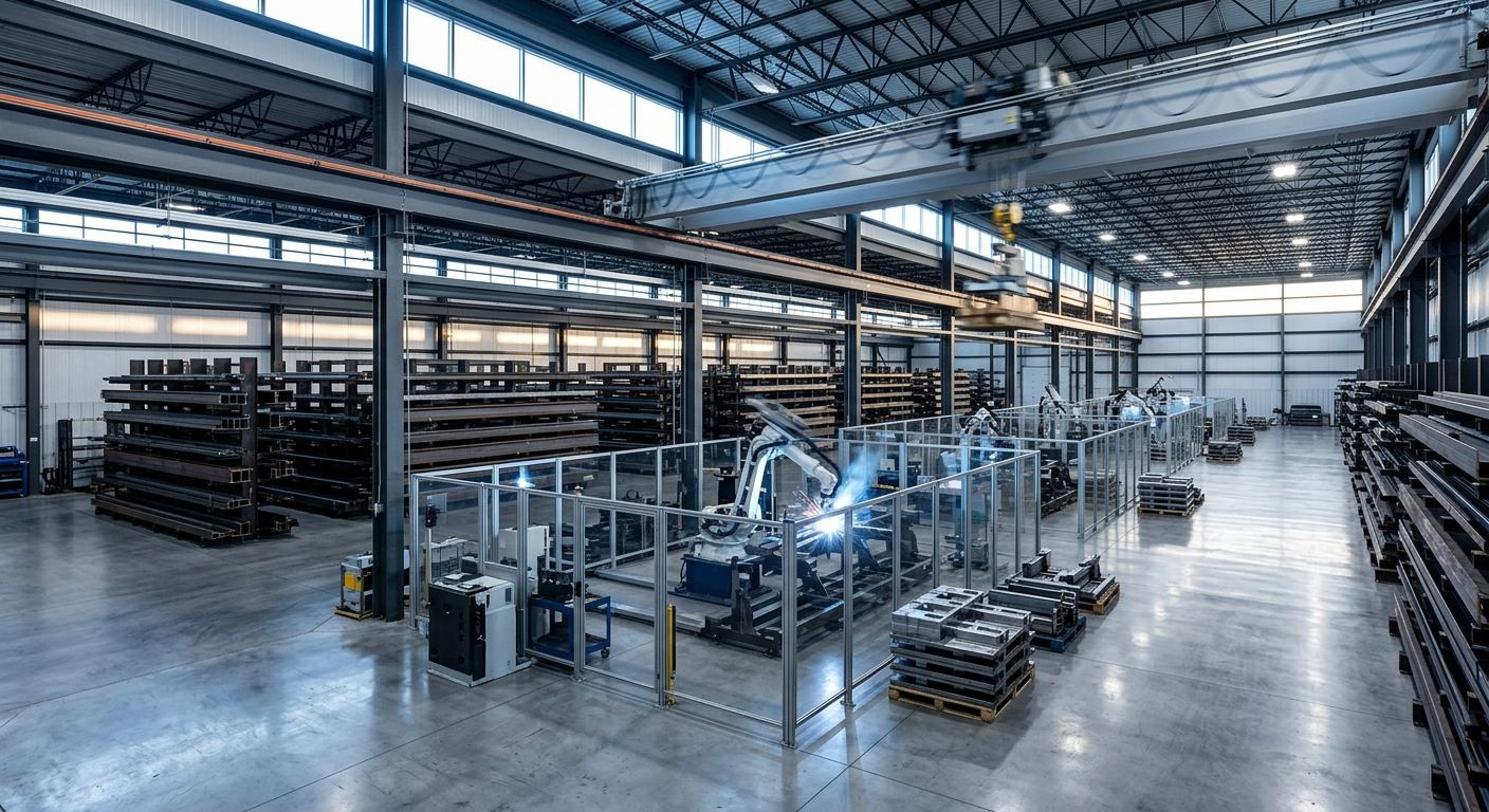 Fabrication shop floor with welding cells